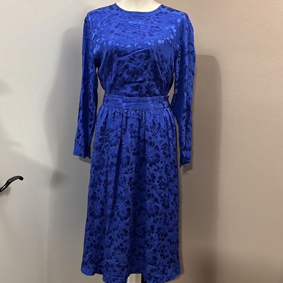 Vintage GUMP’S Silk Floral 3 Piece skirt Set Blue size 8 - Picture 1 of 17